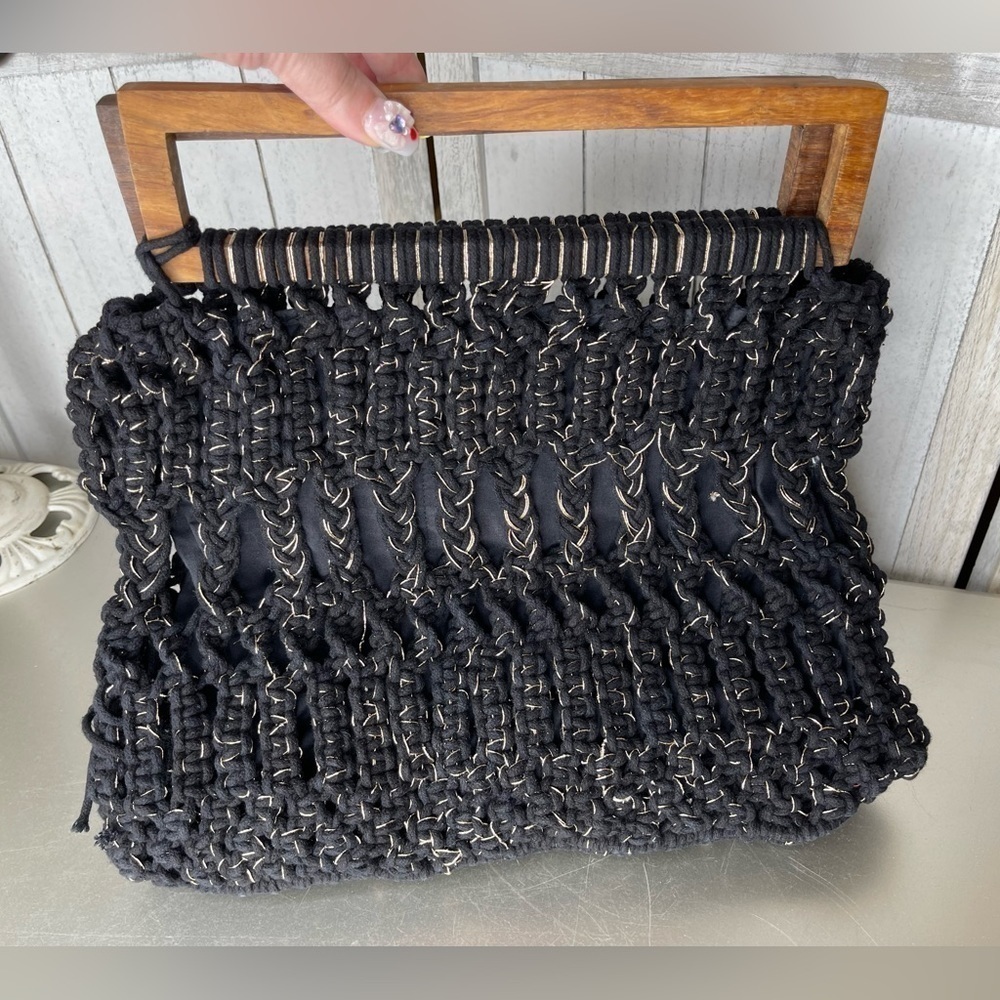 New! CLEOBELLA Wooden Handles Cotton Crochet Macrame Tote Top Handle Bag Black